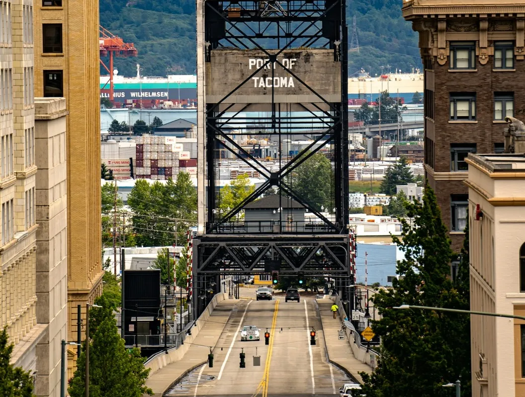 Murray Morgan Bridge in downtown Tacoma with the Port of Tacoma in the background
